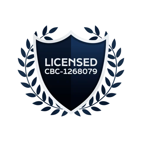 A dark blue shield with a laurel wreath border displays the text LICENSED CBC-1268079 in white, highlighting qualifications as a general contractor, centered on a light gray background.