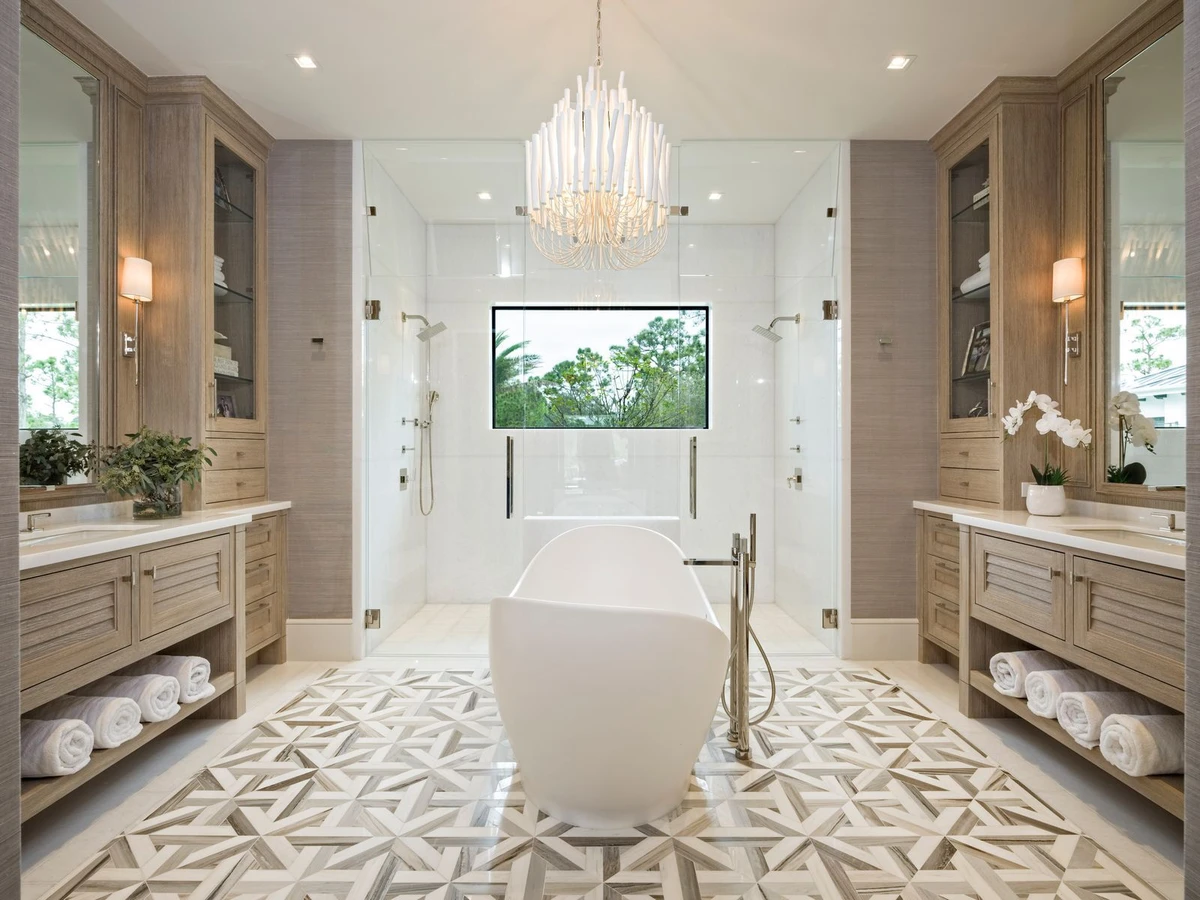 Jupiter Farms — primary bath with freestanding tub and geometric tile