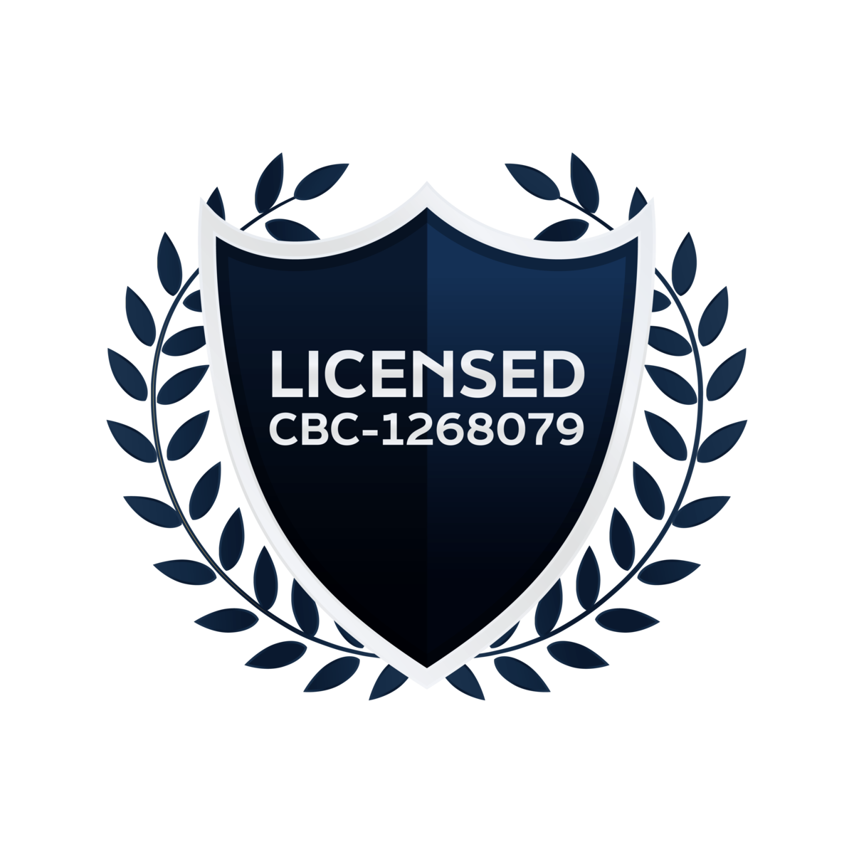 A dark blue shield with a silver border and laurel wreath, displaying the text LICENSED CBC-1268079 in white, representing official certification or licensing.